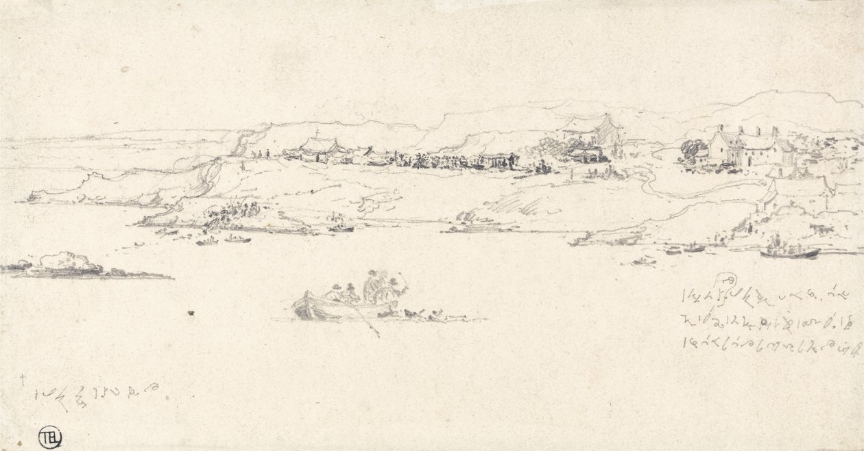 Aldeia costeira com barcos de pesca (lápis sobre papel) de James Ward