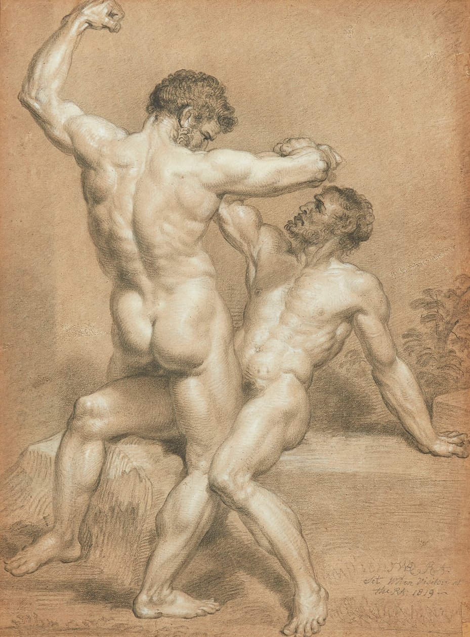 Estudo de Figura - os Lutadores (lápis e pastel sobre papel amarelo) de James Ward