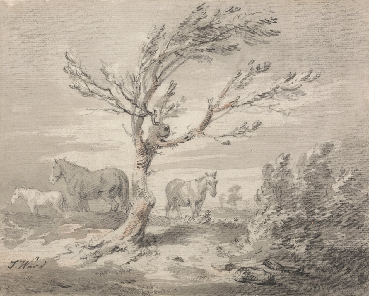 Paisagem com Três Cavalos e uma Árvore em Primeiro Plano de James Ward