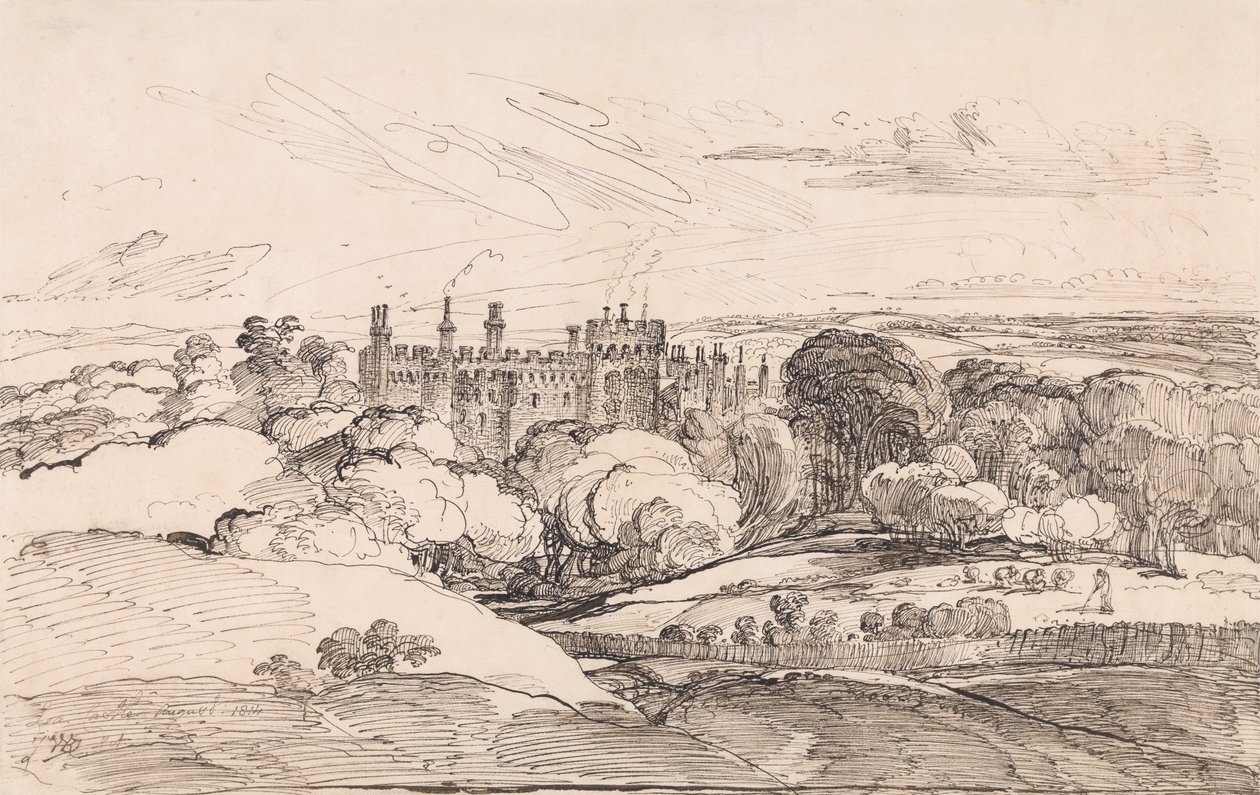 Lea Castle de cima da floresta, 1814 (caneta e tinta preta sobre papel) de James Ward