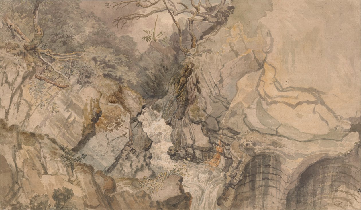 Olhando para cima da Ponte do Diabo, Cardiganshire (aquarela sobre grafite no papel) de James Ward