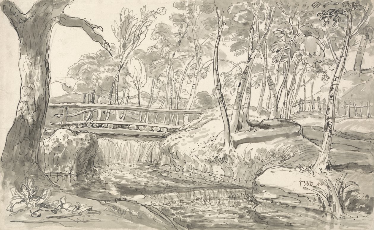 Paisagem de rio com cachoeira (caneta e tinta para lavar no papel) de James Ward