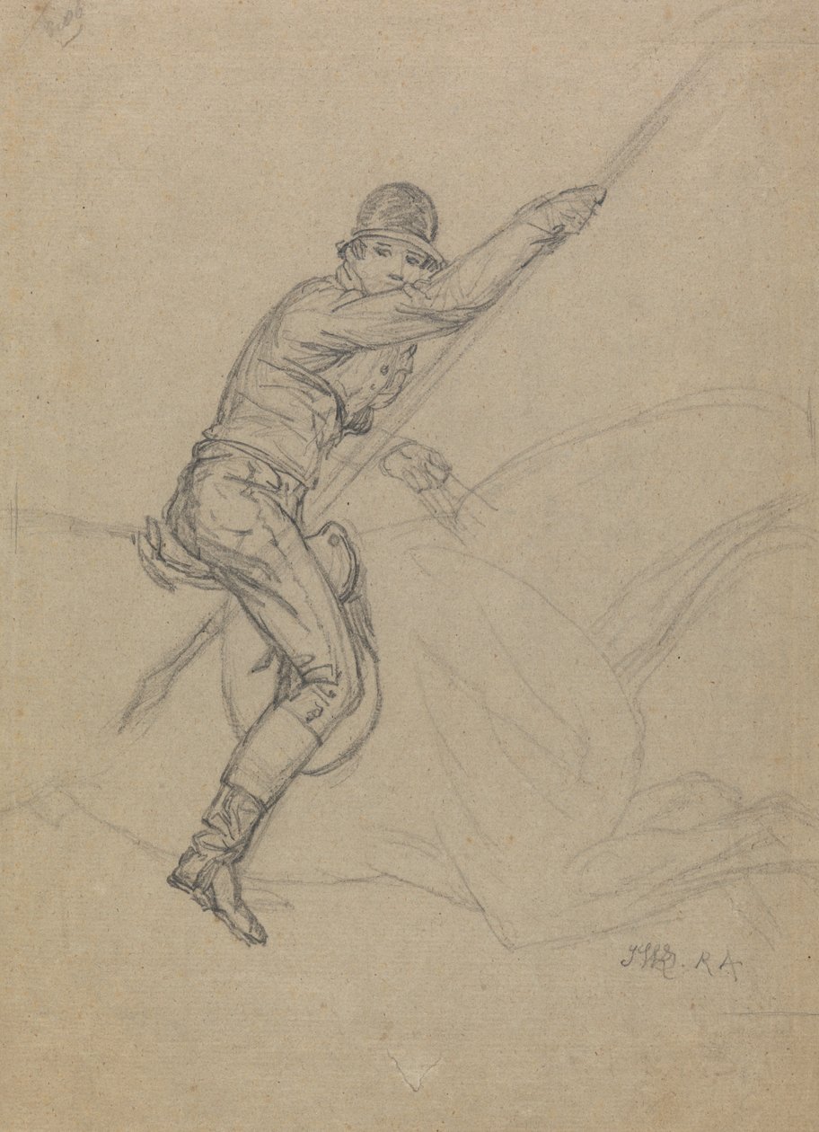 Sir Charles Blunt (n.1775) Caçando o Javali e Fugindo do Tigre: um estudo para um de um conjunto de quatro pinturas feitas em 1815 (lápis realçado com branco em papel cinza) de James Ward