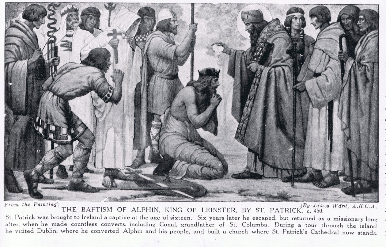 O batismo de Alphin, rei de Leinster, por St. Patrick, ilustração da "História das Nações de Hutchinson", c.1910 de James Ward