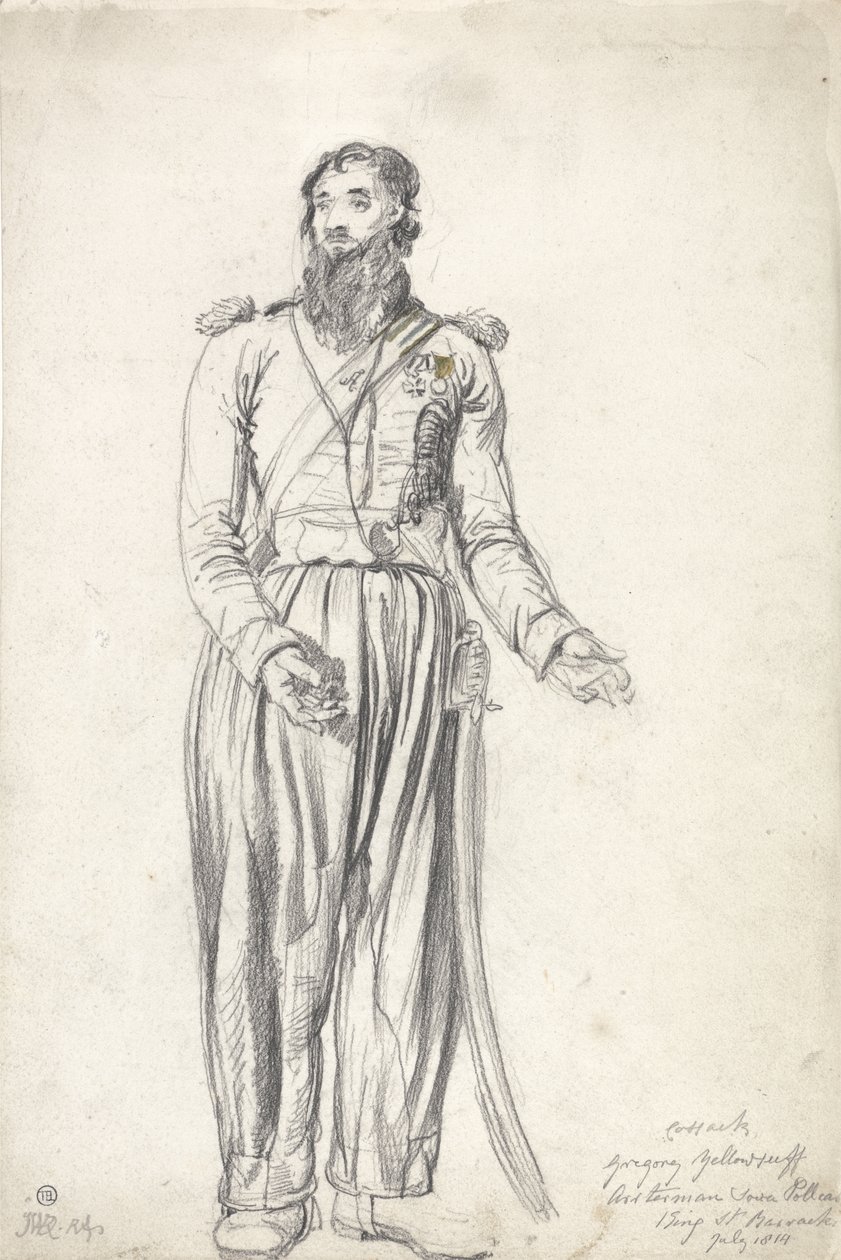 O cossaco, Gregory Yelloserf, julho de 1814 (giz preto e aquarela sobre papel) de James Ward