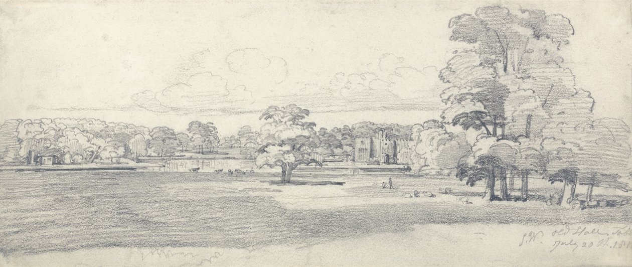 The Old Hall, Tabley, Cercado por Parkland, 20 de julho de 1814 (lápis sobre papel) de James Ward