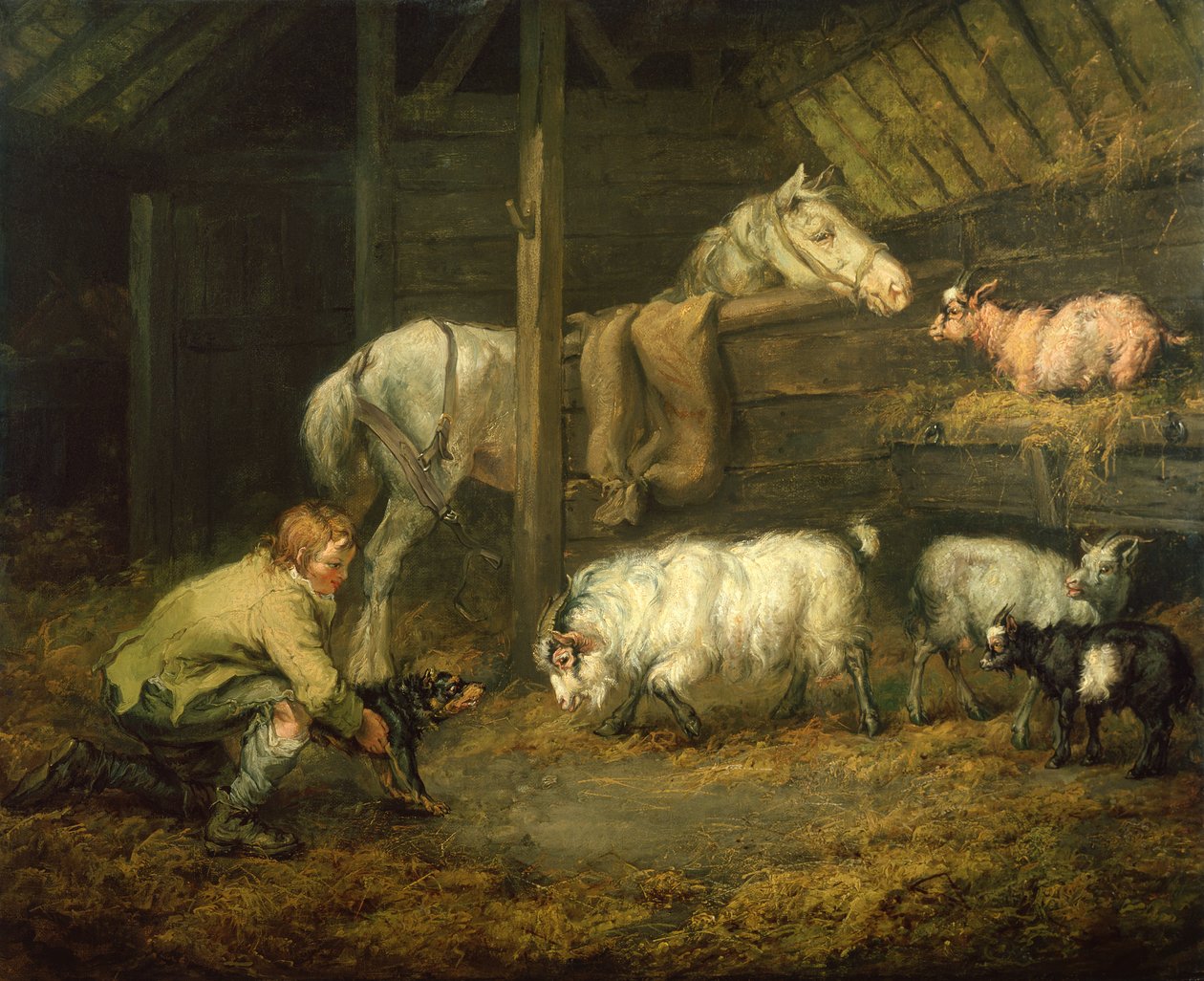 Young Boy e seu cachorro em um estábulo com um cavalo e uma ovelha (óleo sobre tela) de James Ward