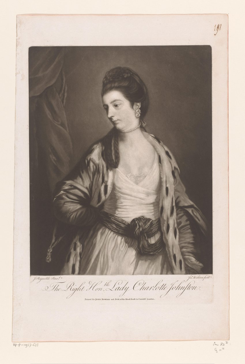 Portret van Charlotte Johnstone
O Honorável Direito. Lady Charlotte Johnston (título sobre o objecto) de James Watson (prentmaker)