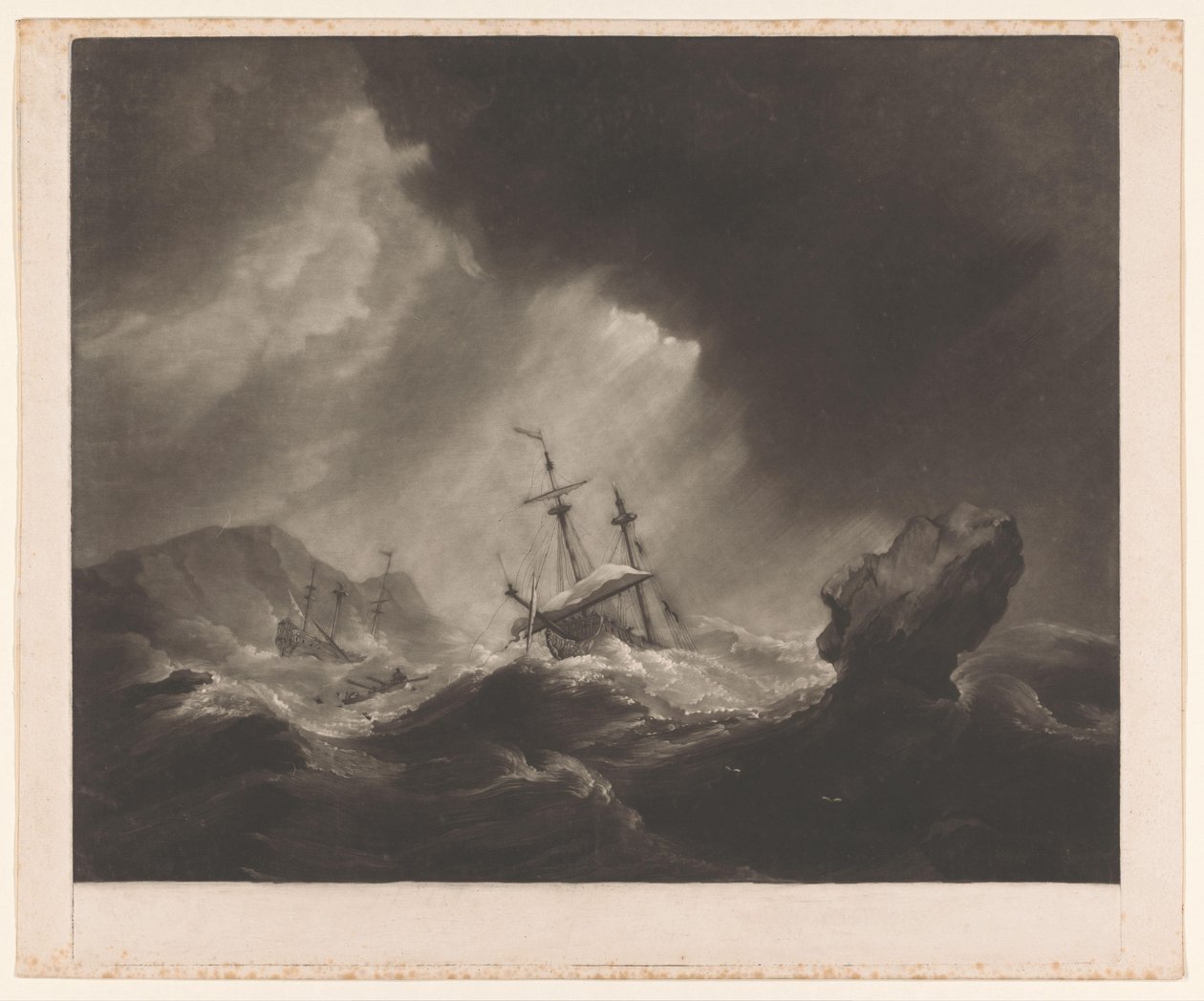 Tempestade no mar com naufrágio e navio afundando de James Watson (prentmaker)