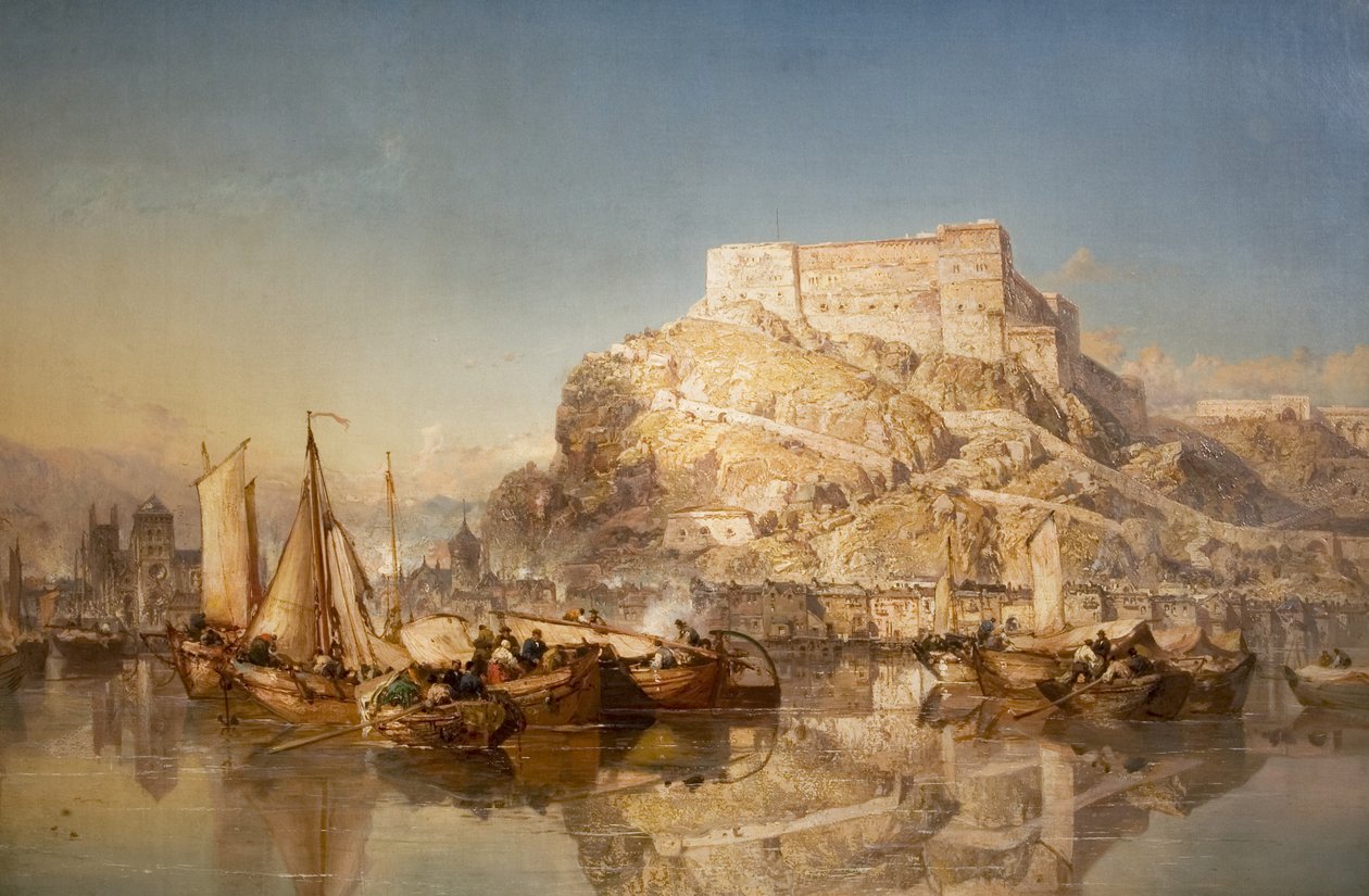 A cidade e a fortaleza de Huy no rio Meuse, 1880 de James Webb