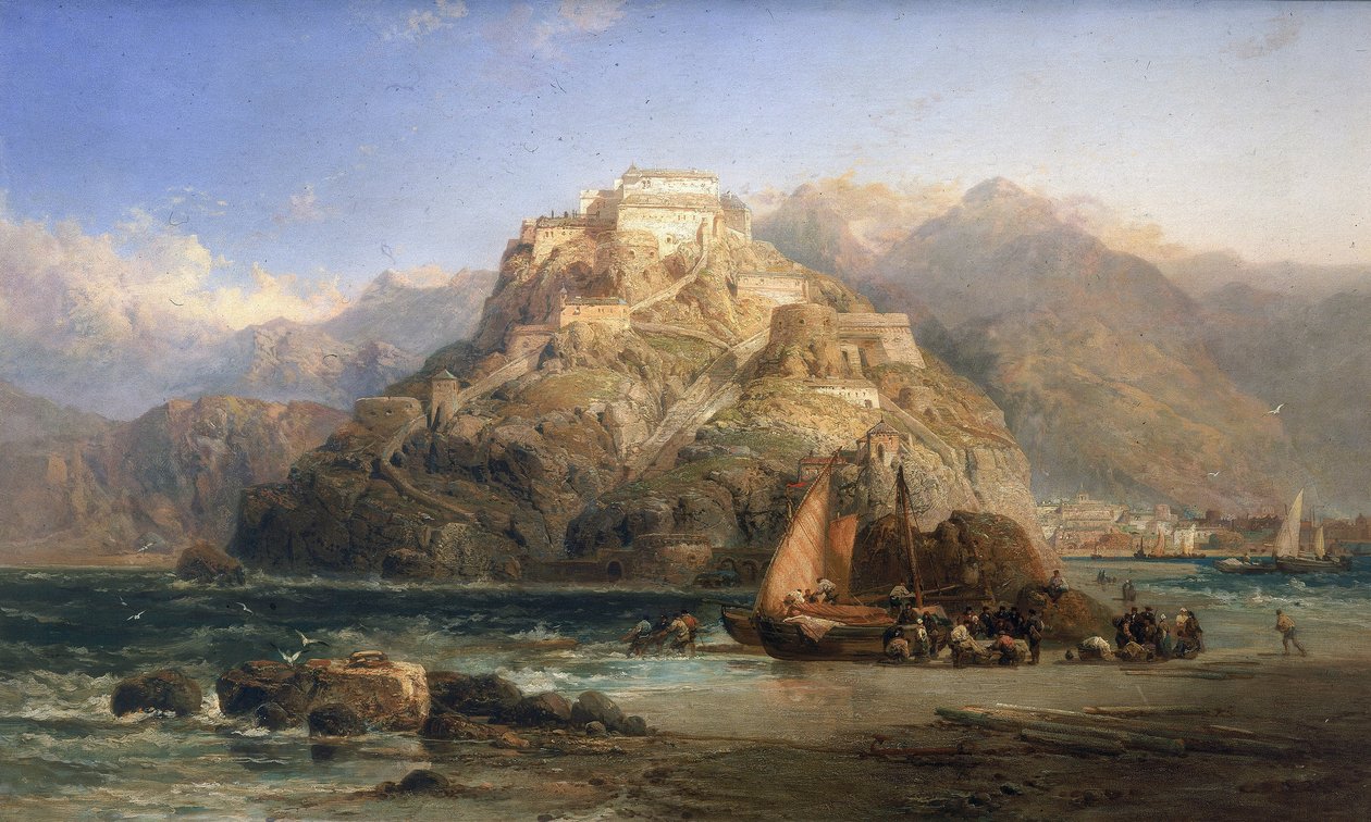 Vista de San Sebastian (Espanha), ao centro, o Monte Urgull e os edifícios do castelo de Santa Cruz de la Mota. Óleo sobre tela de James Webb (ativo entre 1853 e 1888). de James Webb