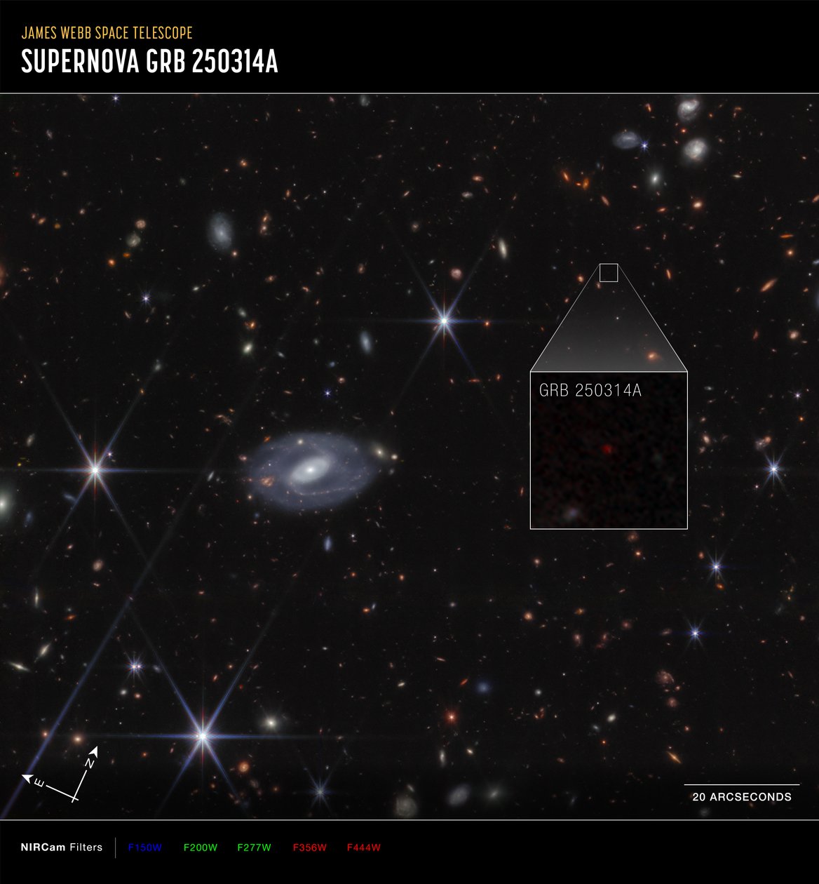 Ampliação do GRB 250314A (imagem da NIRCam da Compass) de James Webb Space Telescope (NASA)