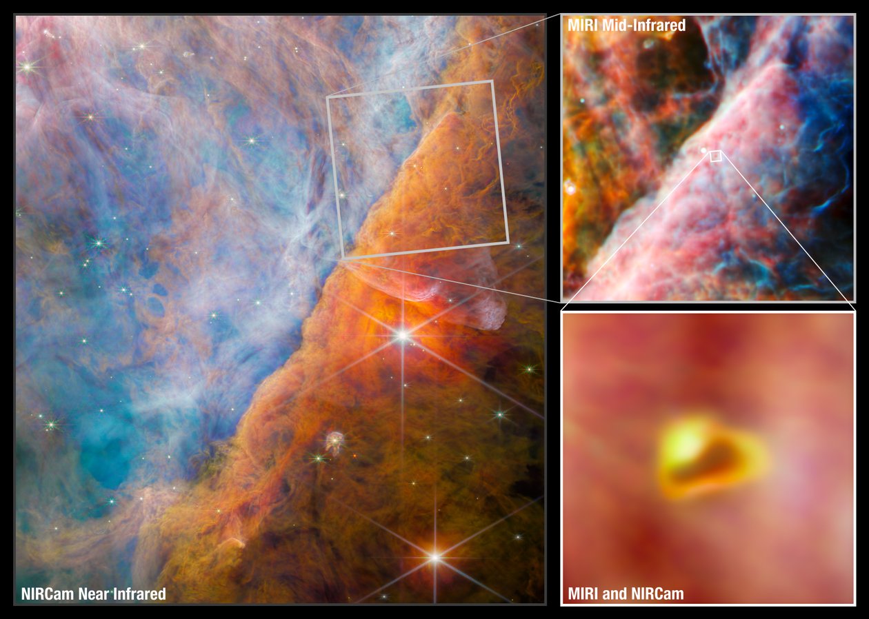 Colagem da Barra de Orion (Imagens NIRCam e MIRI) de James Webb Space Telescope (NASA)