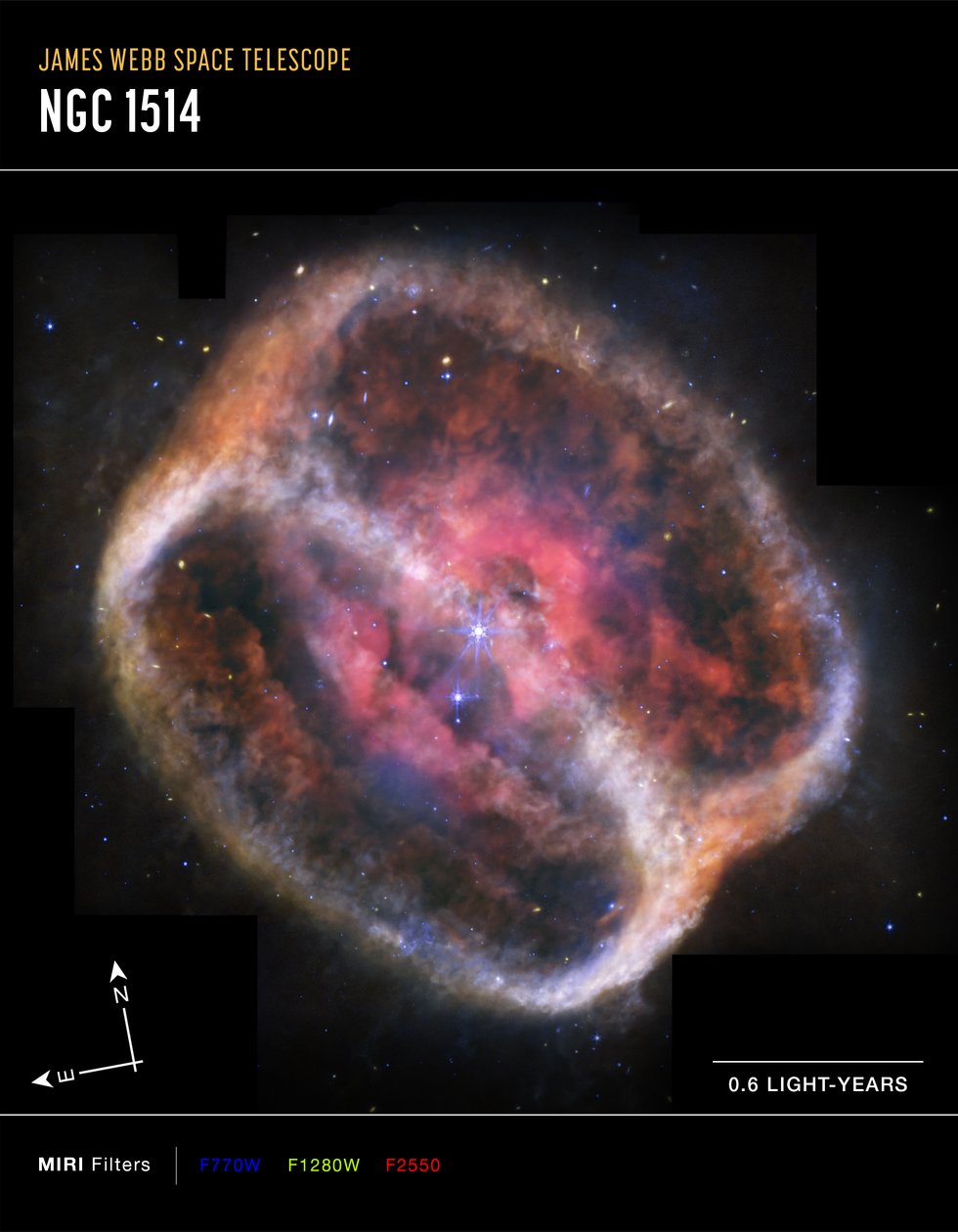 Nebulosa planetária NGC 1514 (imagem do MIRI Compass) de James Webb Space Telescope (NASA)