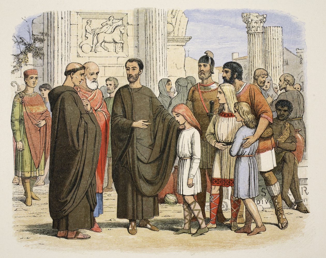 Gregory e os escravos ingleses em Roma, 590 dC, de A Chronicle of England BC 55 a 1485 dC, pub. Londres, 1863 de James William Edmund Doyle