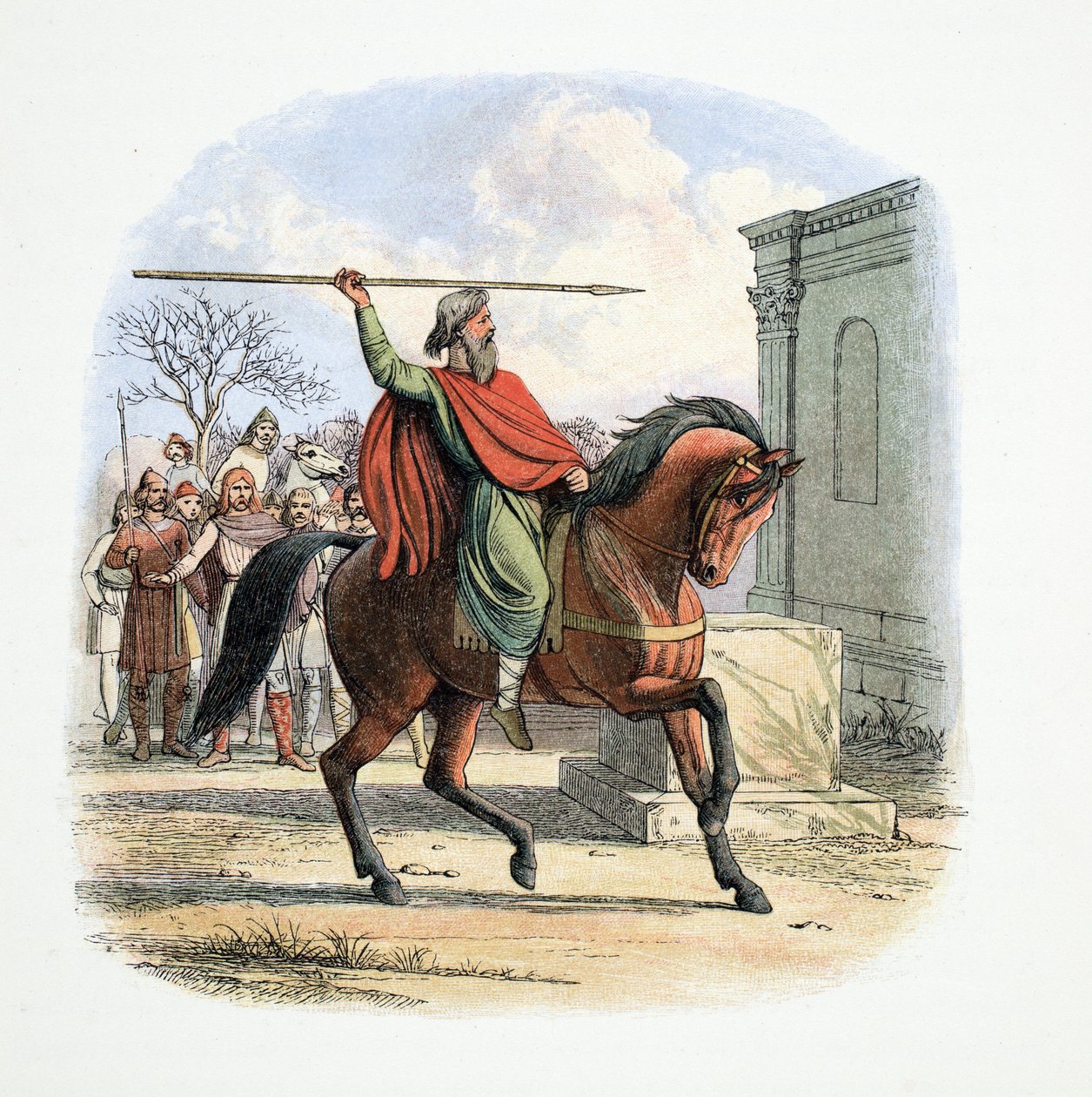 O Sumo Sacerdote, Coifi, profana o Templo dos Ídolos, 627 dC, de A Chronicle of England BC 55 a AD 1485, pub. Londres, 1863 de James William Edmund Doyle