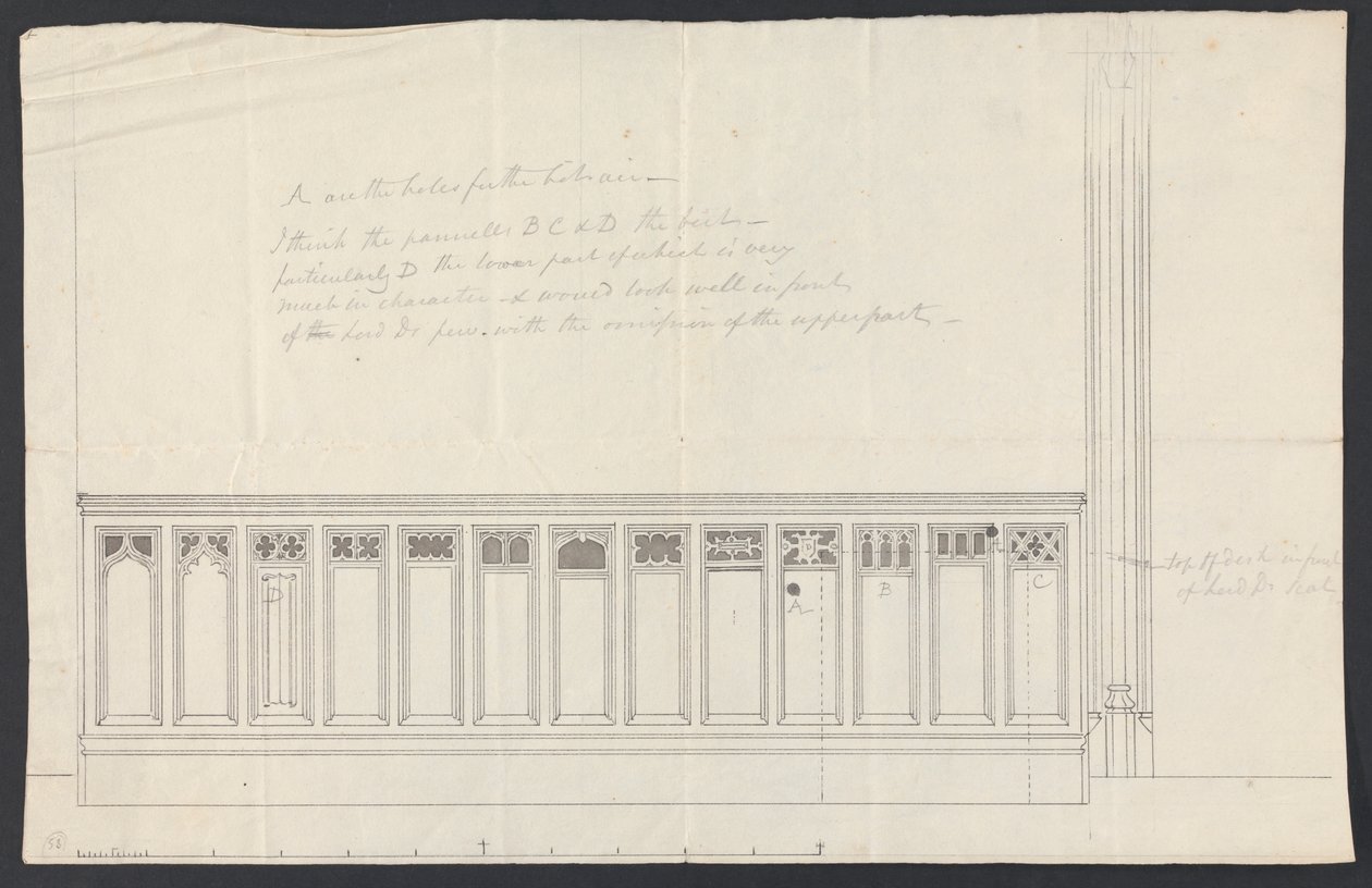 Cobham Hall, Kent: Desenho para a Painelagem de um banco de madeira de James Wyatt