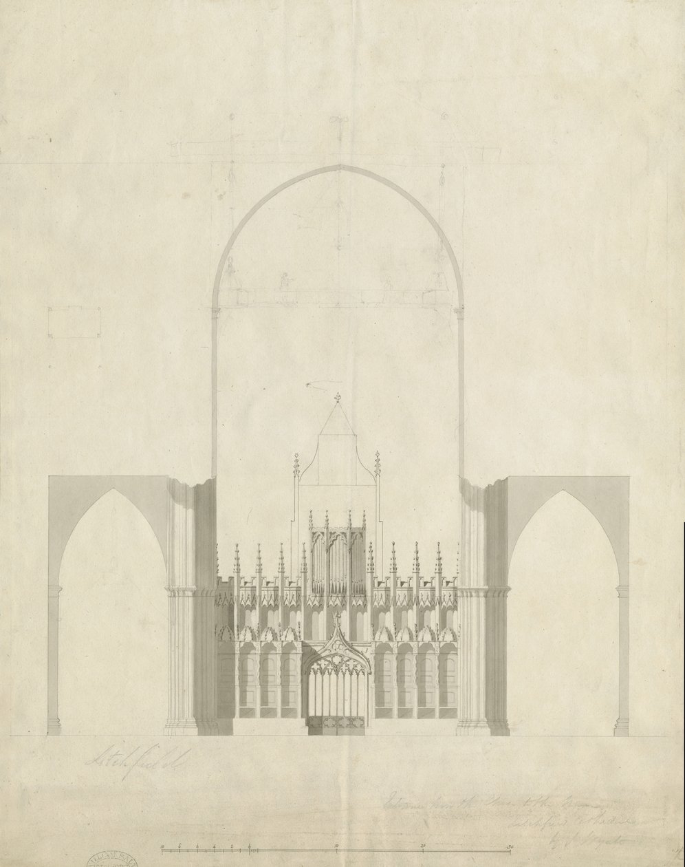 Interior da Catedral de Lichfield - Entrada do coro à Nave: desenho e lavagem, nº [c 1780] de James Wyatt