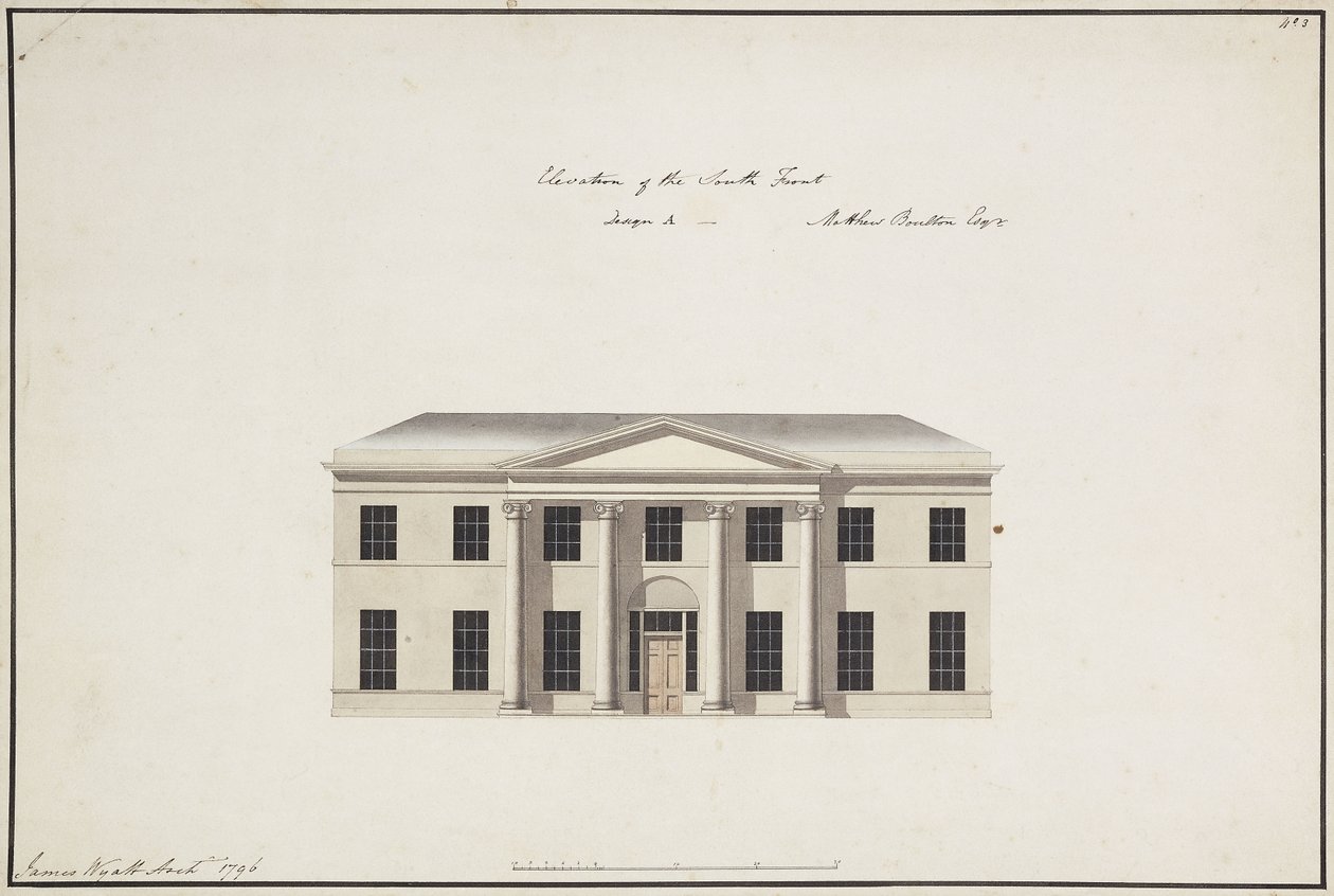 Casa Soho: Plano do andar térreo; Planta do Andar Quarto; Elevação da frente sul, projeto A, elevação da frente sul, projeto B e elevação da frente norte, 1796 de James Wyatt