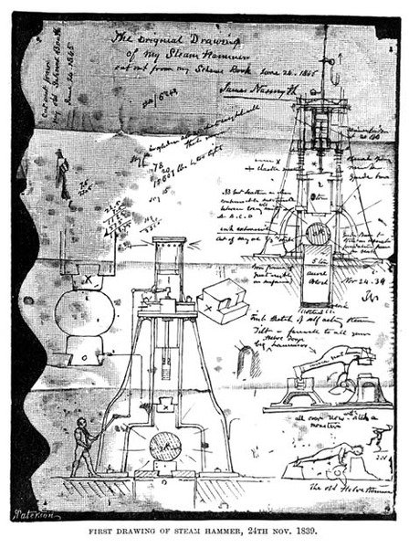 Primeiro desenho de Steam Hammer, 24 de novembro de 1839, de uma página arrancada do caderno de desenho do Nasmyths, gravado por R. Paterson de James after Nasmyth