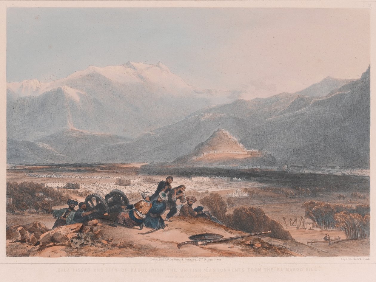 Vista de Bala Hissai e da cidade de Kabul, com os Cantonments britânicos do Ba Marco Hill de James after Rattray