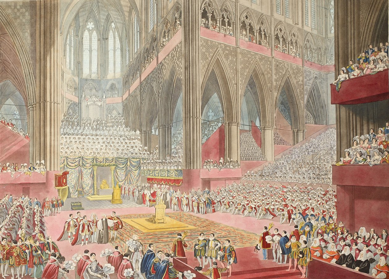 A Coroação de Sua Majestade, George The Fourth: Tomada na época do reconhecimento, pub. 1822 (gravura colorida à mão) de James after Stephanoff