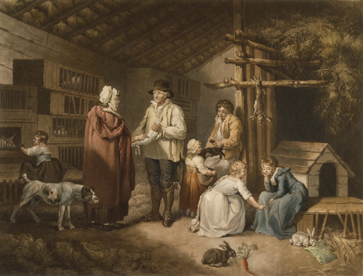 Vendendo Coelhos, gravados por William Ward (1766-1826) 1796 (mezzotint colorido) de James after Ward