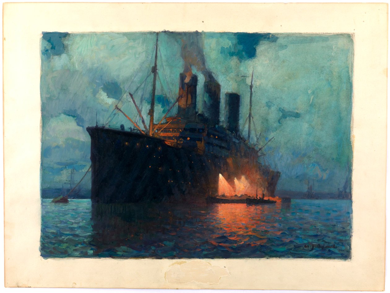 Coaling a Transport at Night, c.1919 (óleo sobre cartão) de James de Vine Aylward