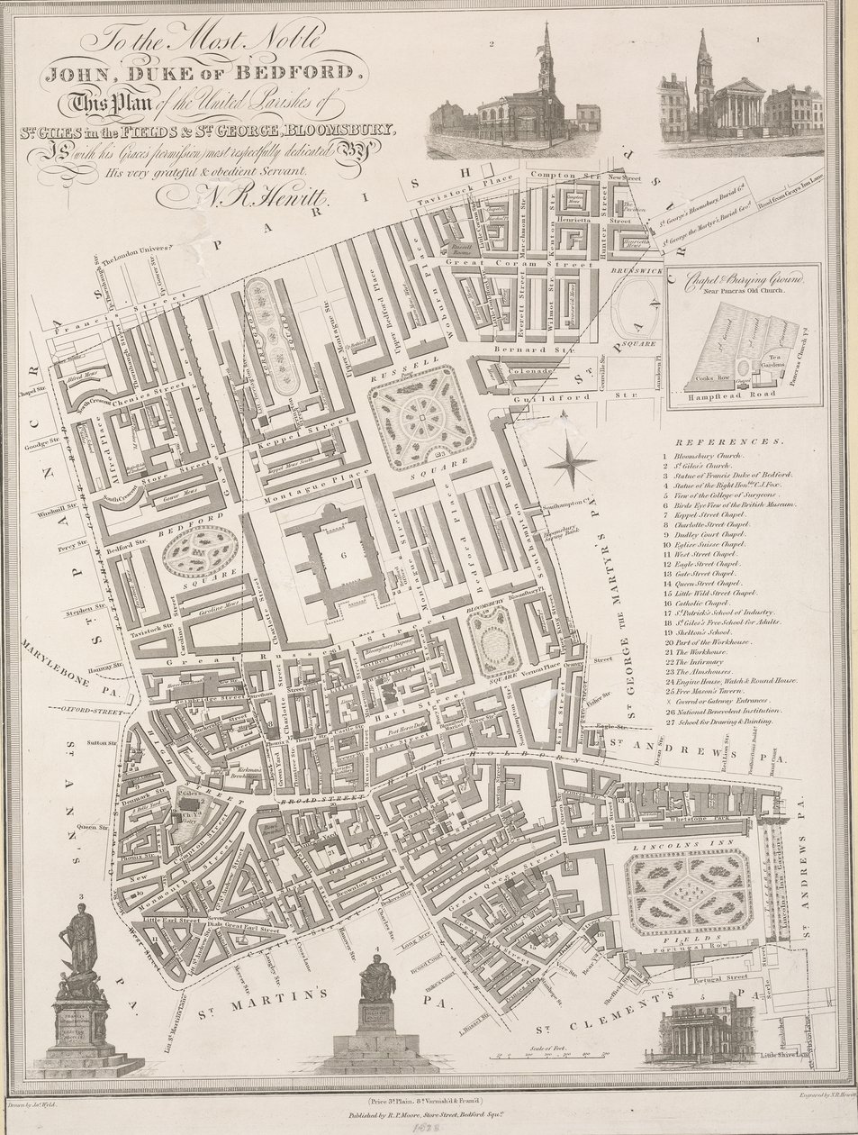 Para o muito nobre João, Duque de Bedford. Este plano das paróquias unidas de St. Giles in the Fields e St. George, Bloomsbury de James the Elder Wyld