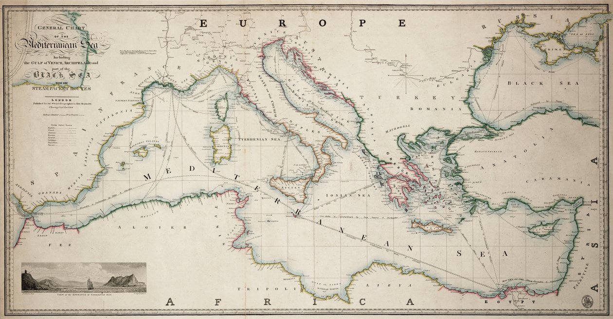 Carta geral do mar Mediterrâneo, incluindo o golfo de Veneza, o arquipélago e parte do mar Negro, com as rotas dos navios a vapor de James the Younger Wyld