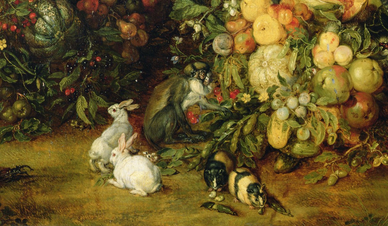 A Virgem e criança em uma guirlanda de frutas e flores, detalhe de animais, c.1614-18 (detalhe de 36912) de Jan and Rubens, P.P. Brueghel