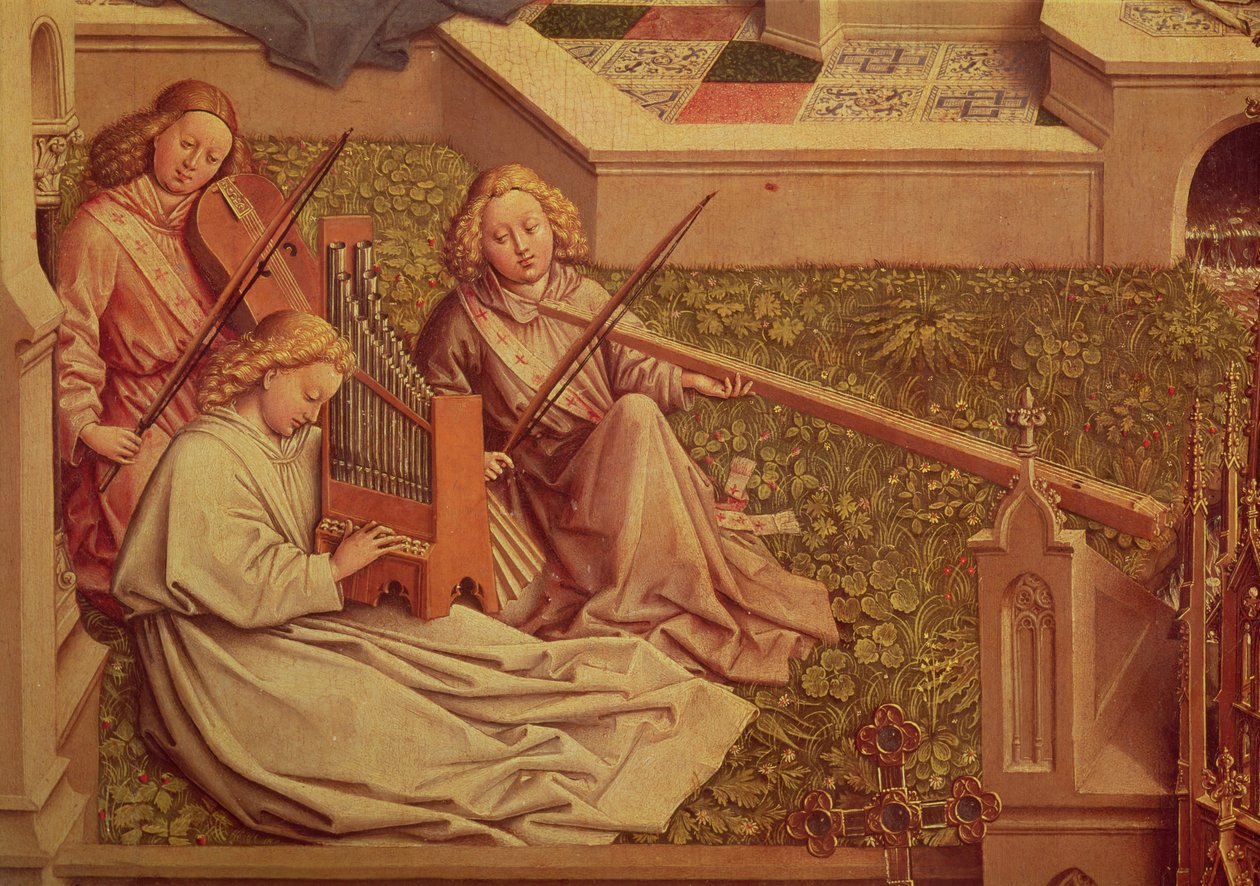A fonte da graça, detalhe de três músicos de anjo de Jan van Eyck