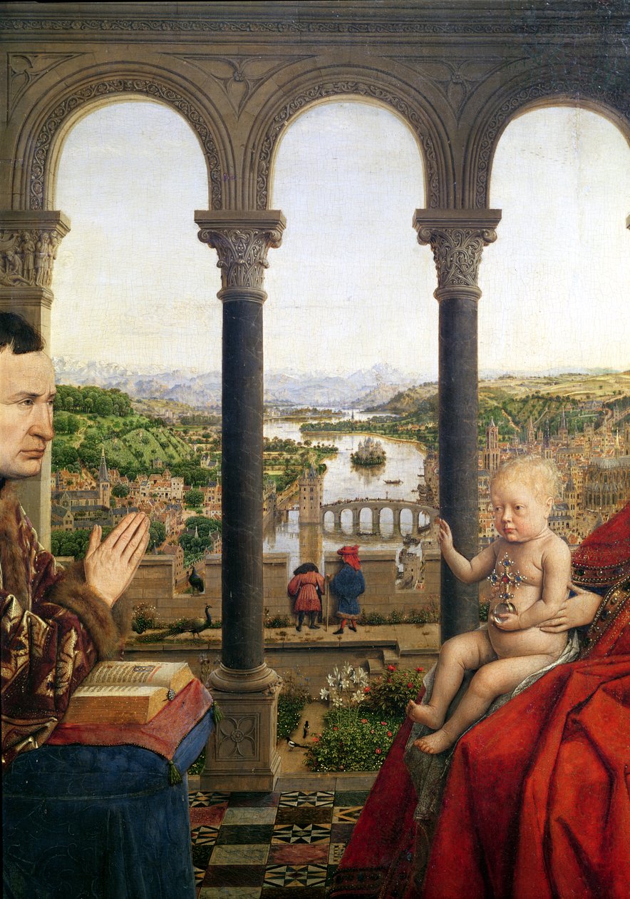 A Madonna de Rolin (La Vierge de Chancelier Rolin), detalhe da visão entre as colunas, c.1435 (veja também 2993) de Jan van Eyck