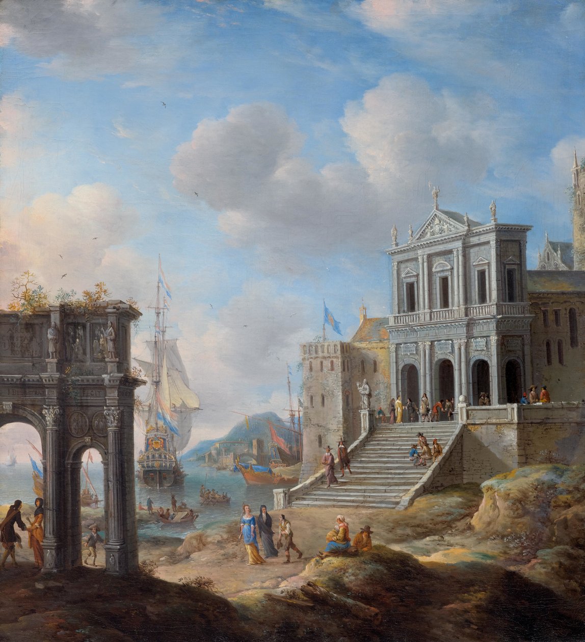 Capriccio com o Arco de Constantino e a igreja de São Gregório Magno al Celio ao lado de um porto de Jan Abrahamsz. Beerstraten