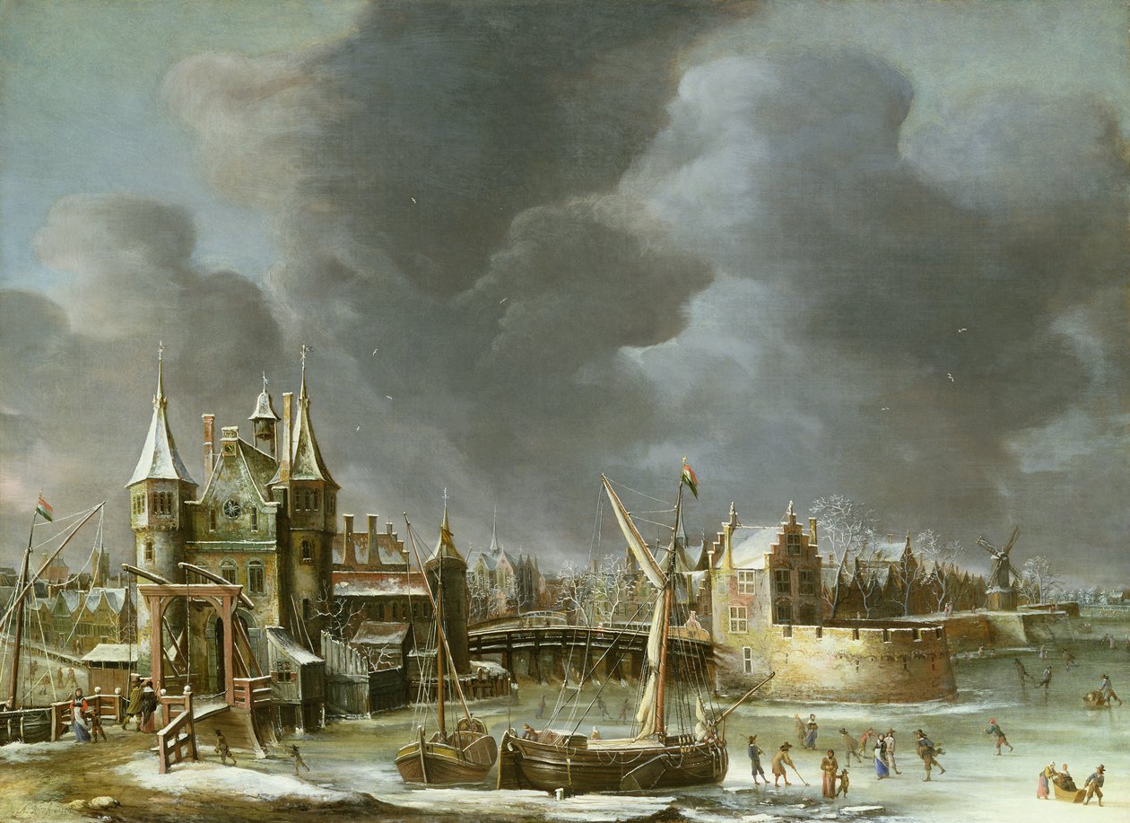 Uma vista do Regulierspoort, Amsterdam, no inverno de Jan Abrahamsz. Beerstraten