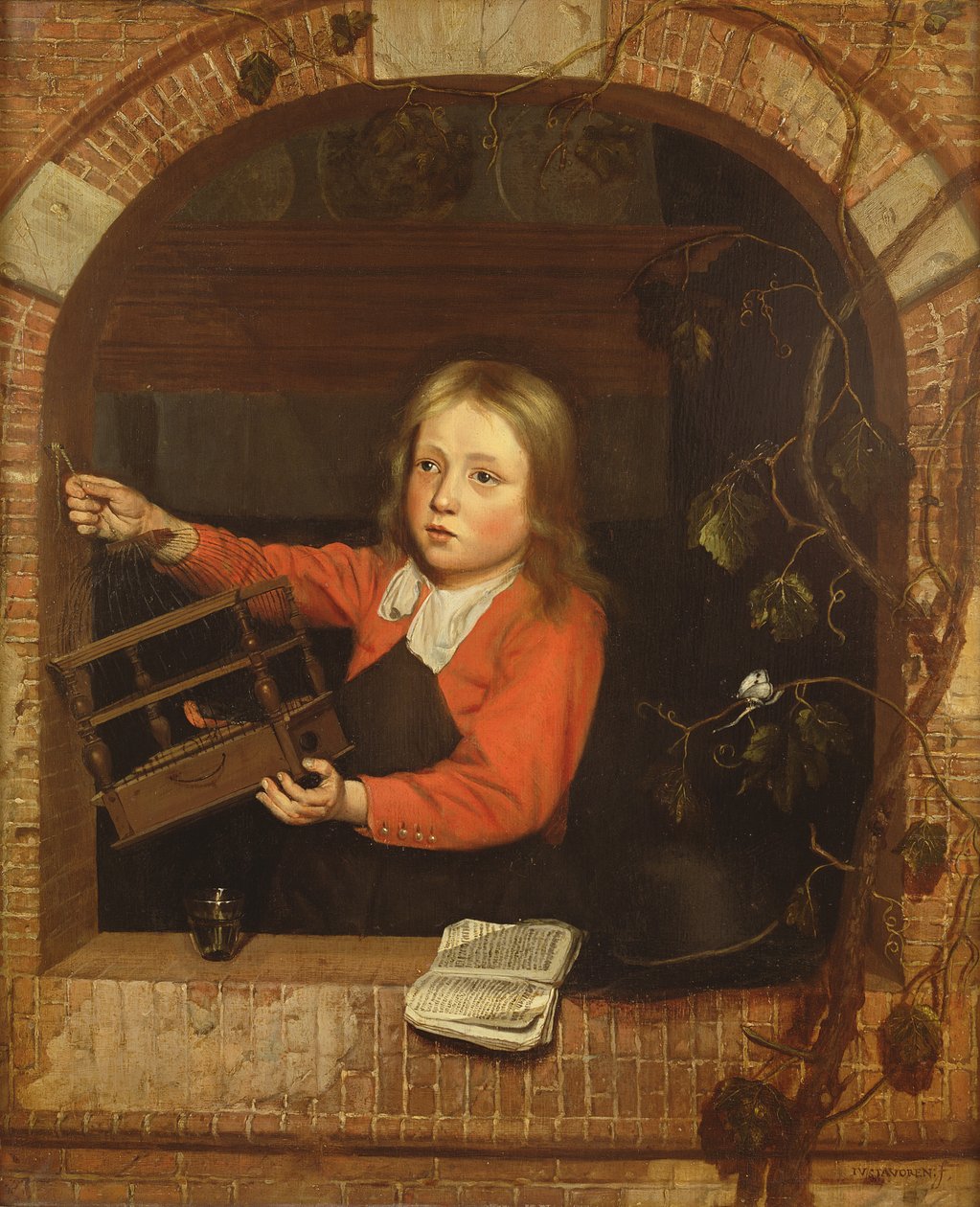 Menino jovem, com, um, Birdcage, (panel) de Jan Adriaensz van Staveren
