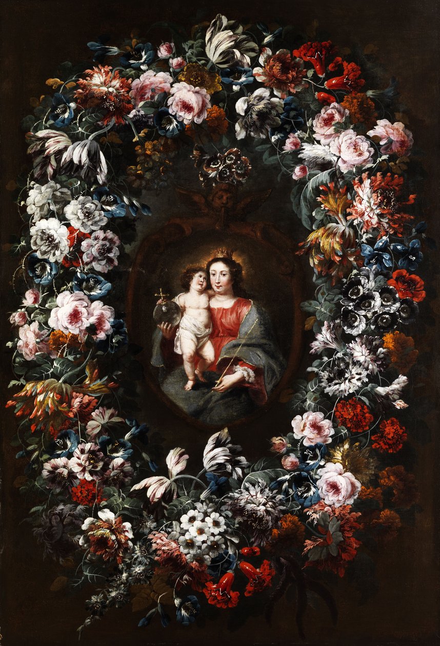 Virgem com criança em uma guirlanda de flores grandes de Jan Baptist Morel