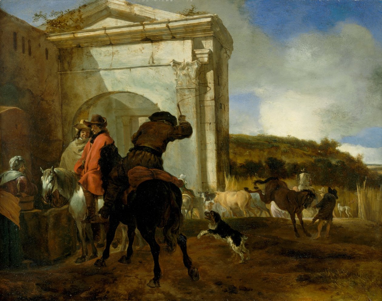Paisagem italiana com cavaleiros por uma mola de Jan Baptist Weenix