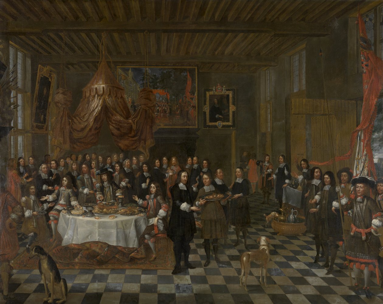 A Guilda Saint Barbarian de Bruges oferece um banquete para o rei inglês Charles II e seus dois irmãos na sala da guildaA recepção de Charles II e seus irmãos na Guilda de Santa Bárbara em Bruges de Jan Baptist van Meunincxhove