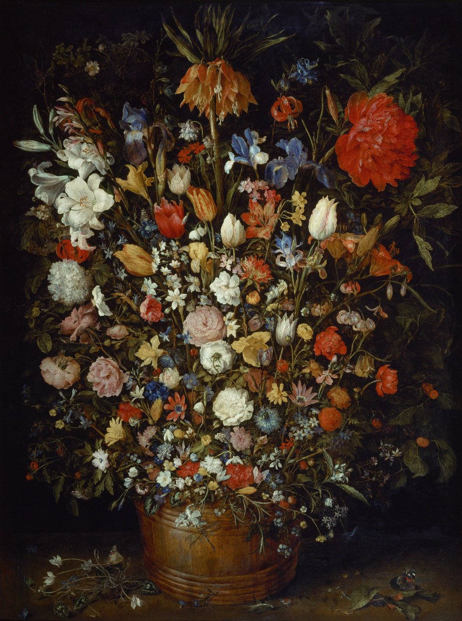 Flores em um vaso de madeira de Jan the Elder Brueghel