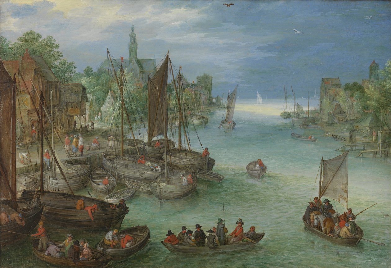 Vista, de, um, cidade, por, um, rio de Jan the Elder Brueghel