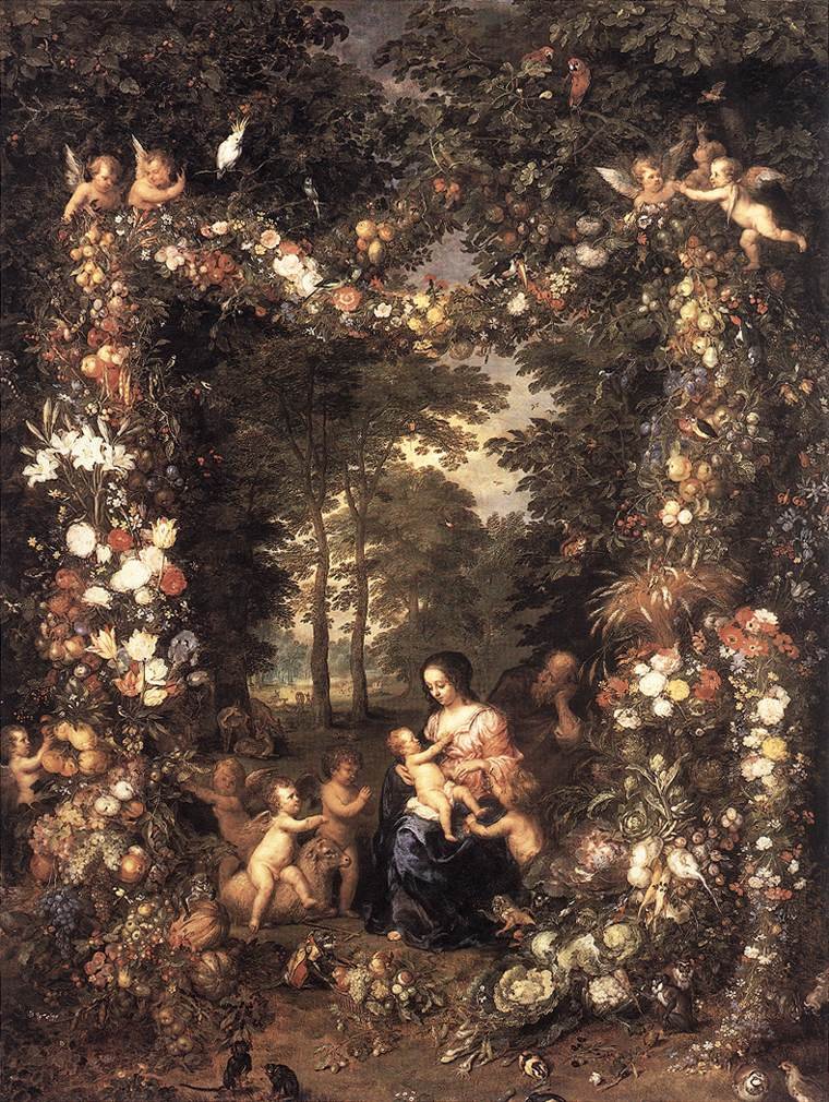 Sagrada família em uma coroa de flores e frutas de Jan the Elder Brueghel