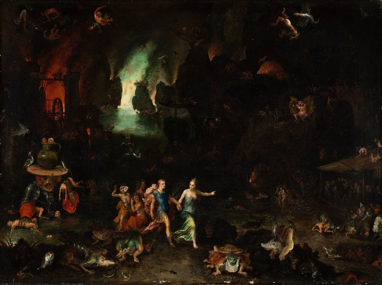 Enéias e a Sibila Cumaean no submundo de Jan the Elder Brueghel
