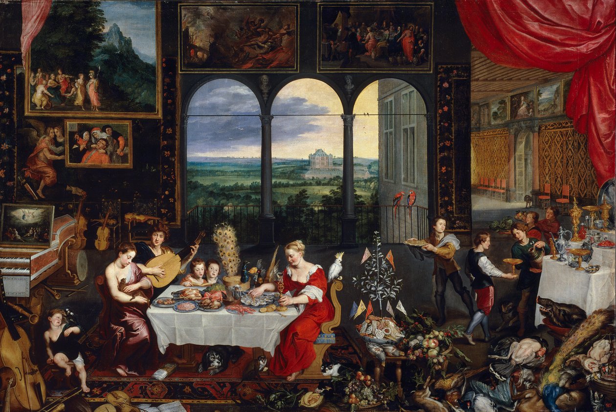 Os sentidos da audição, toque e gosto de Jan the Elder Brueghel