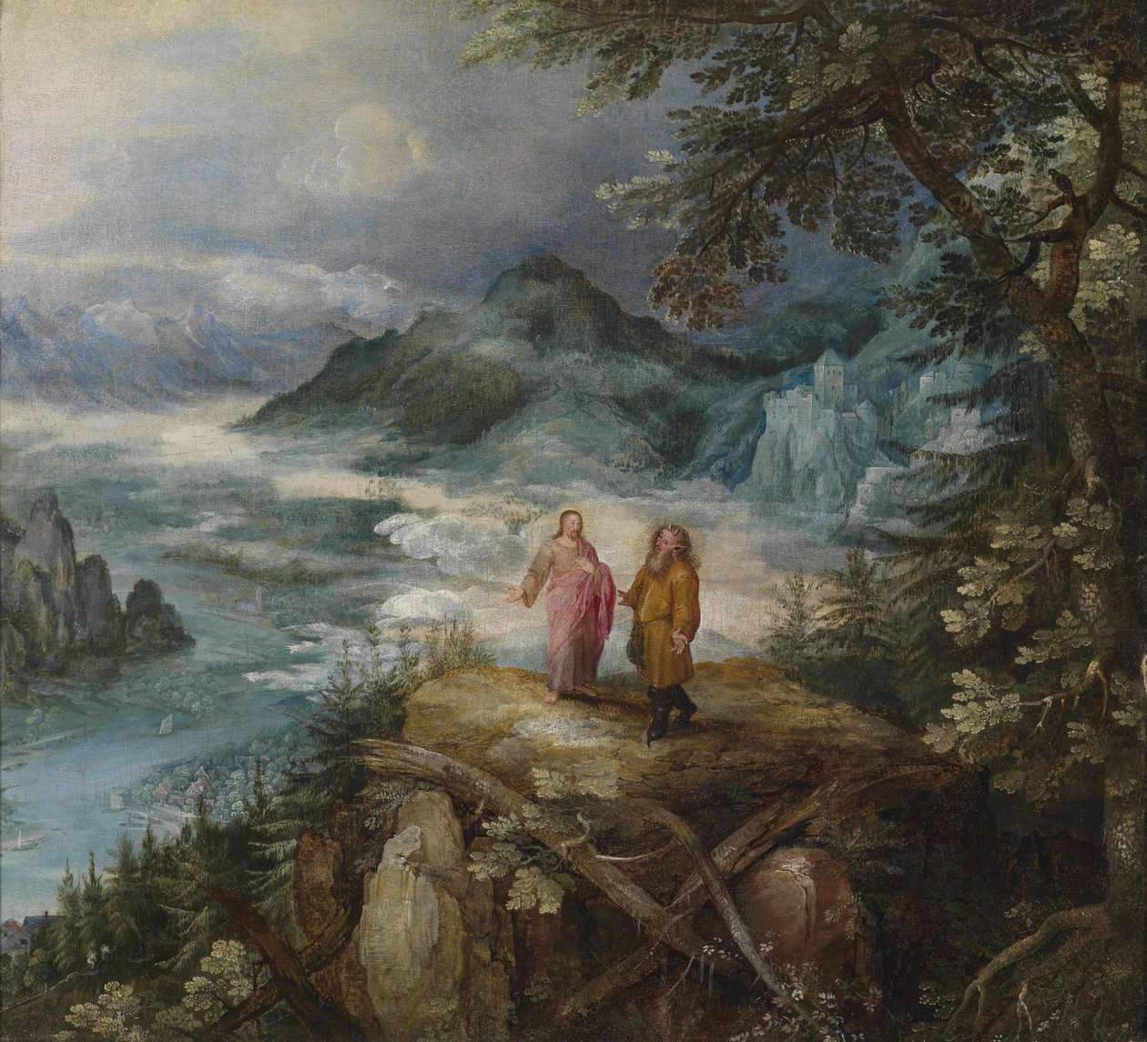 Paisagem de montanha larga com a tentação de Cristo de Jan the Elder Brueghel