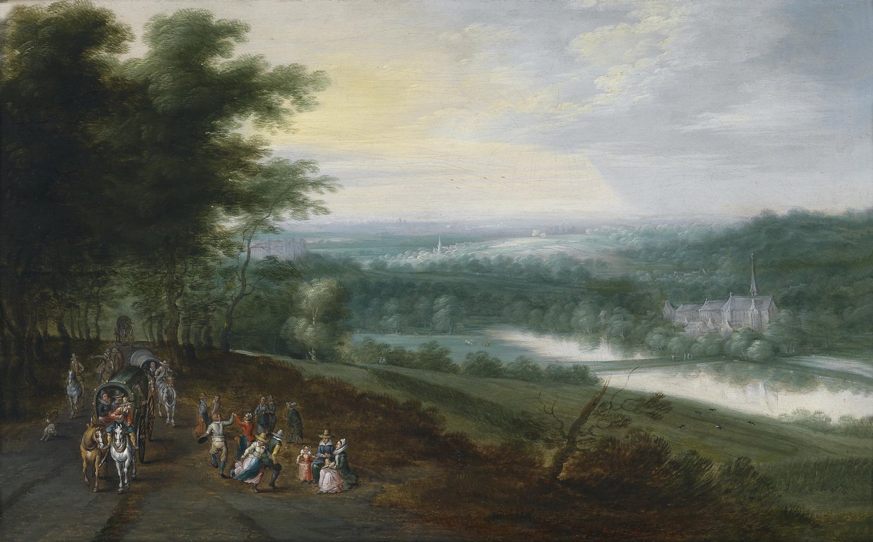 Paisagem de rio largo com viajantes e agricultores dançando em um caminho, no fundo um complexo mosteiro de Jan Brueghel the Younger