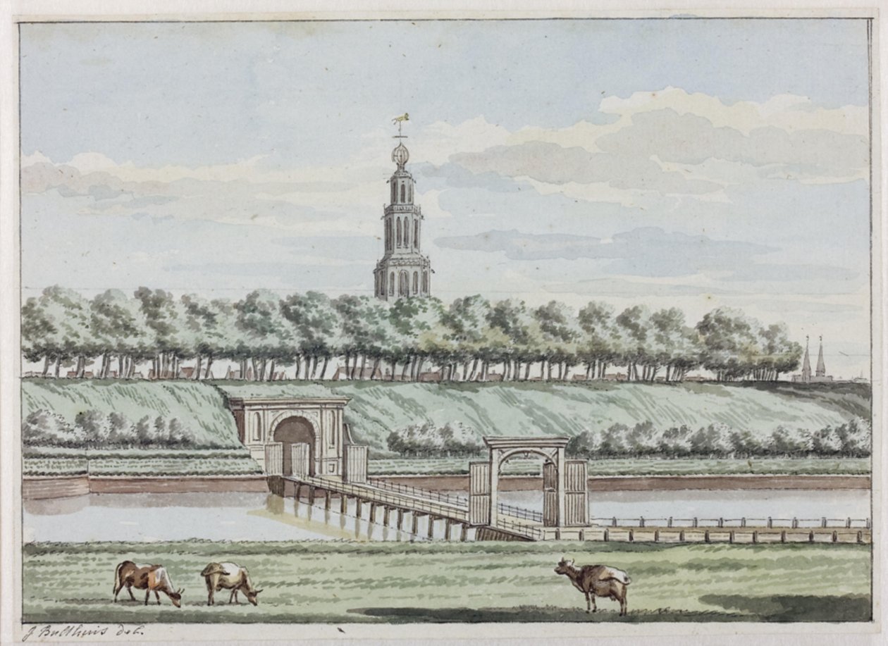 Fora da ponte de Herepoort e Herepoort com a muralha da cidade de Groningen de Jan Bulthuis