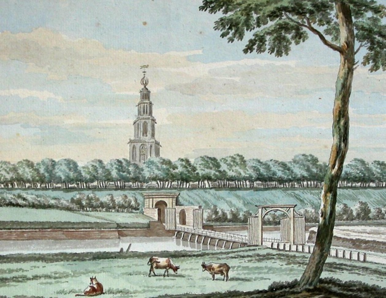Fora da ponte Oosterpoort e Oosterpoorten com a muralha da cidade de Groningen de Jan Bulthuis