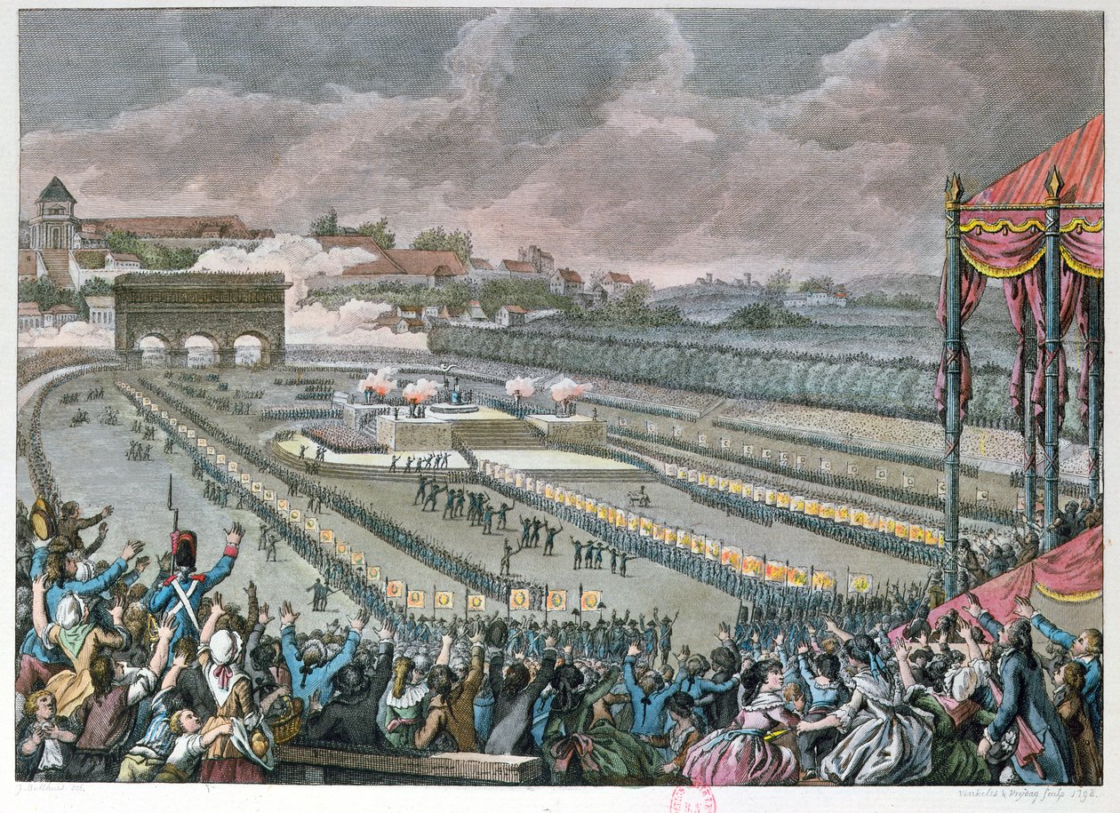 Festival da Federação, 14 de julho de 1790, no Champ de Mars, 1798 (gravura a cores) de Jan Bulthuis