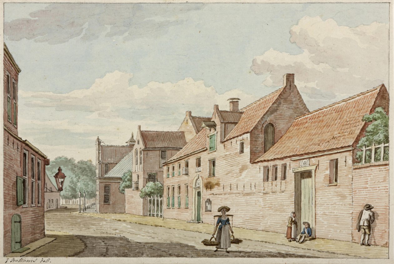 Munnekeholm com a casa Westindische à direita e a Aduardergasthuis ao fundo de Jan Bulthuis